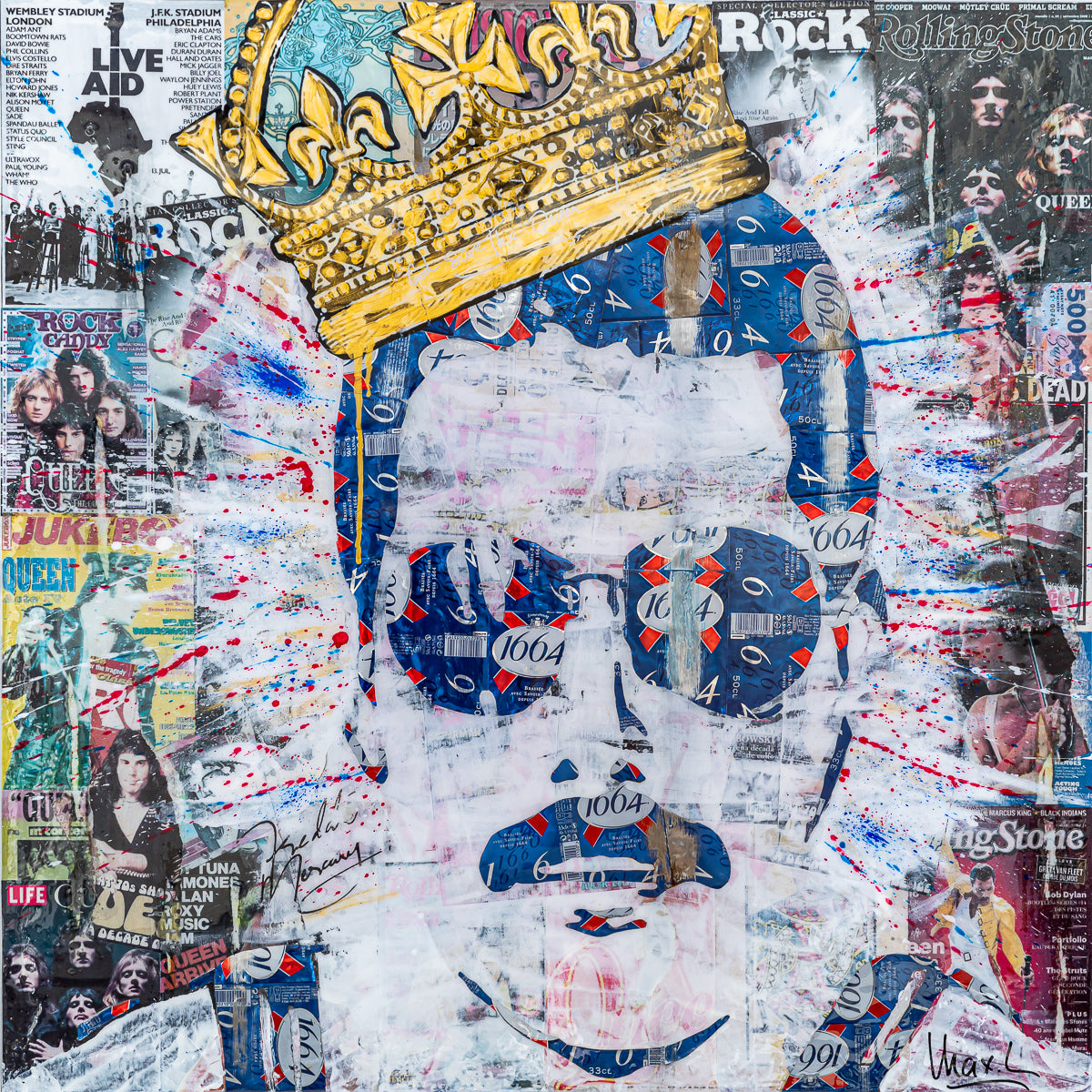 Freddie, tableau pop art de MaxL en canettes recyclées, vue de face