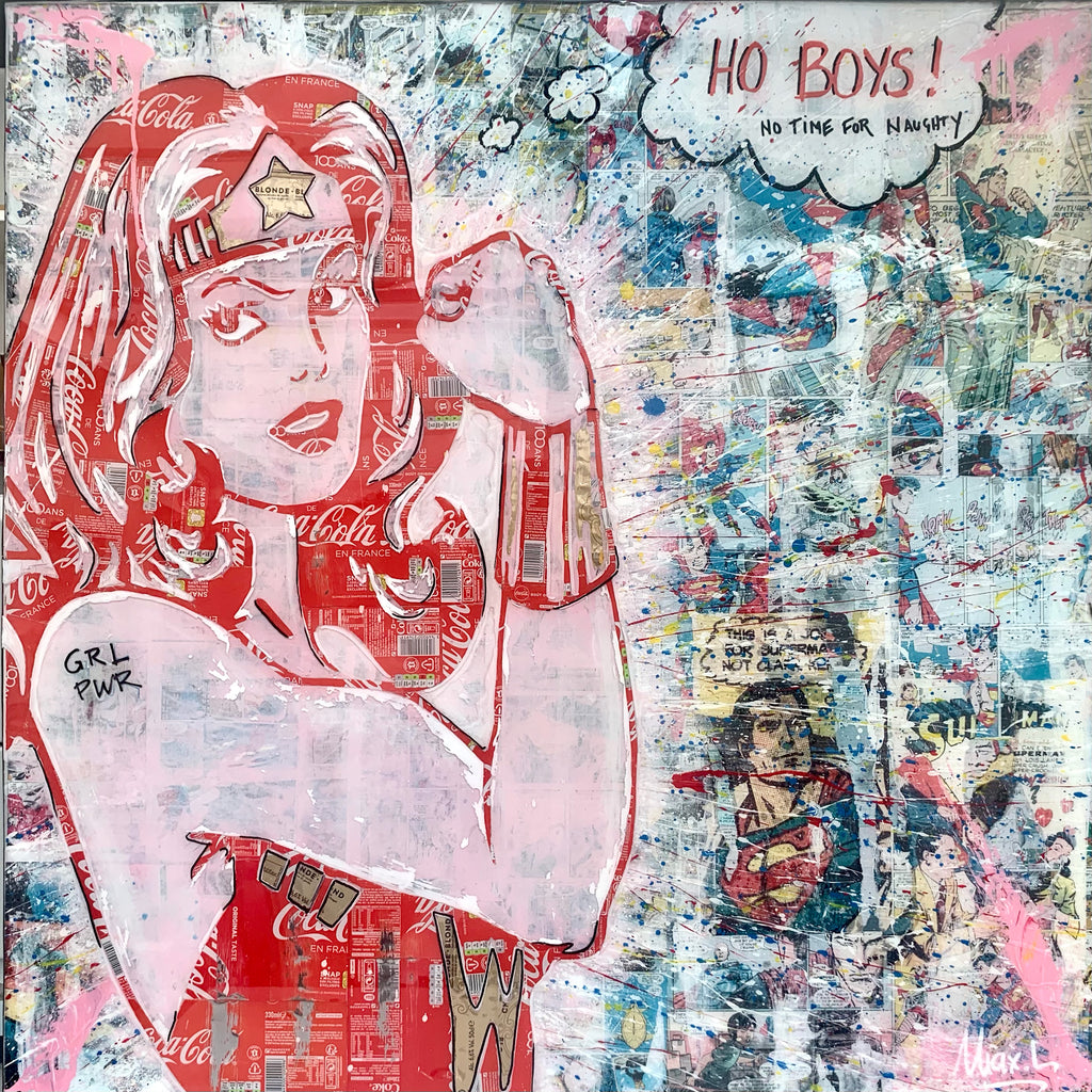 Girl Power, tableau pop art de MaxL en canettes recyclées et résine, vue de face