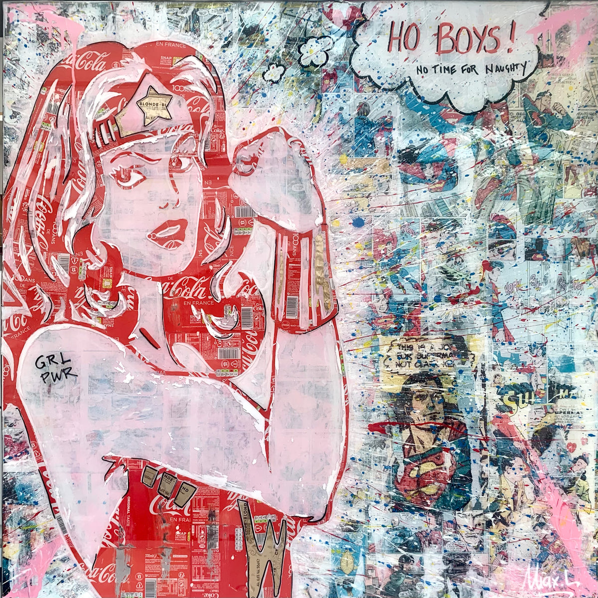 Girl Power, tableau pop art de MaxL en canettes recyclées et résine, vue de face