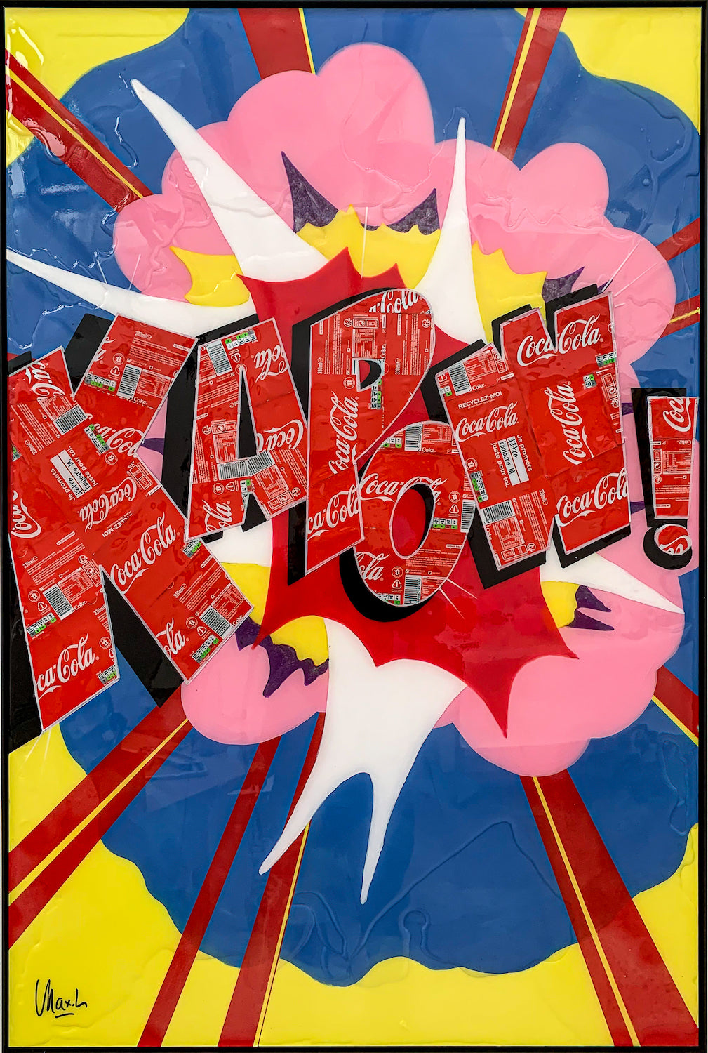 Kapow, tableau pop art de MaxL en canettes recyclées et résine, vue de face