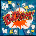 Boom, tableau pop art de MaxL en canettes recyclées et résine, vue de face