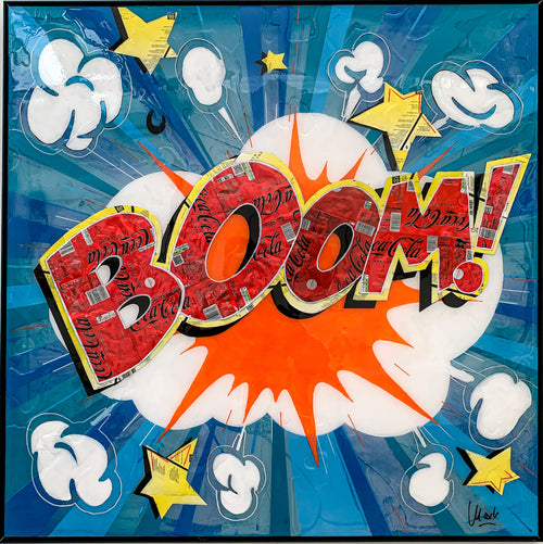 Boom, tableau pop art de MaxL en canettes recyclées et résine, vue de face