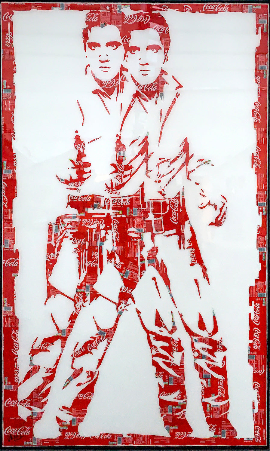 Double Elvis, tableau pop art de MaxL en canettes recyclées et résine, vue de face