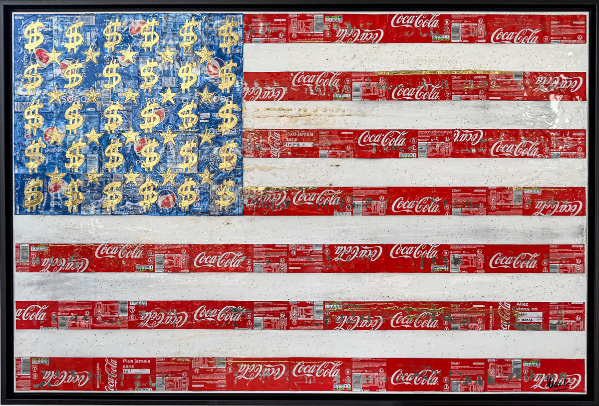 America First, tableau pop art de MaxL en canettes recyclées, vue de face