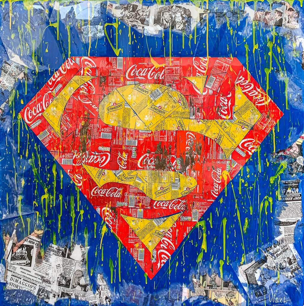 Superman Recycling, tableau pop art de MaxL en canettes recyclées, vue de face
