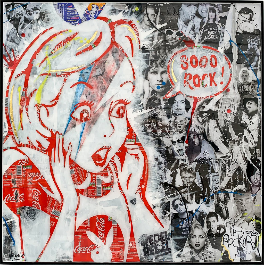Sooo Rock !, tableau pop art de MaxL en canettes recyclées, vue de face