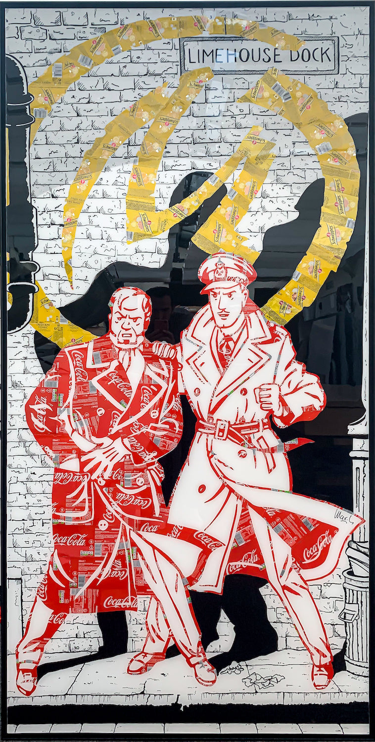 La Marque Jaune, tableau pop art de MaxL en canettes recyclées et résine, vue de face
