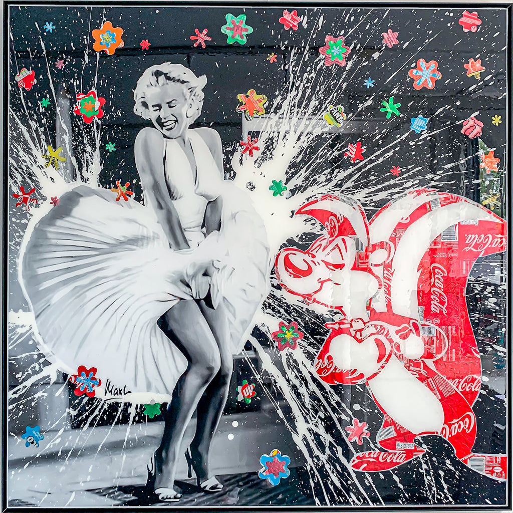 Pepe & Marilyn, tableau pop art de MaxL en canettes recyclées et résine, vue de face