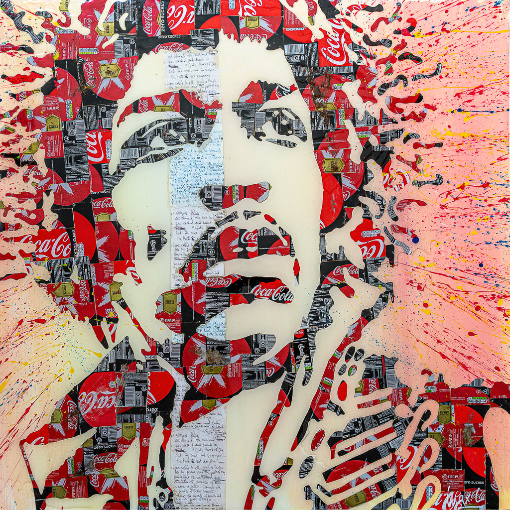 Hendrix Cola, tableau pop art de MaxL en canettes recyclées et résine, vue de face