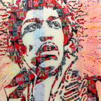 Hendrix Cola, tableau pop art de MaxL en canettes recyclées et résine, vue de face