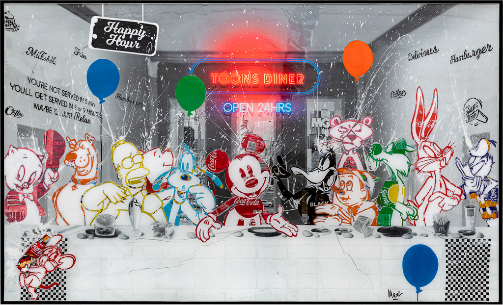 La Cène, tableau pop art de MaxL en canettes recyclées et résine, vue de face