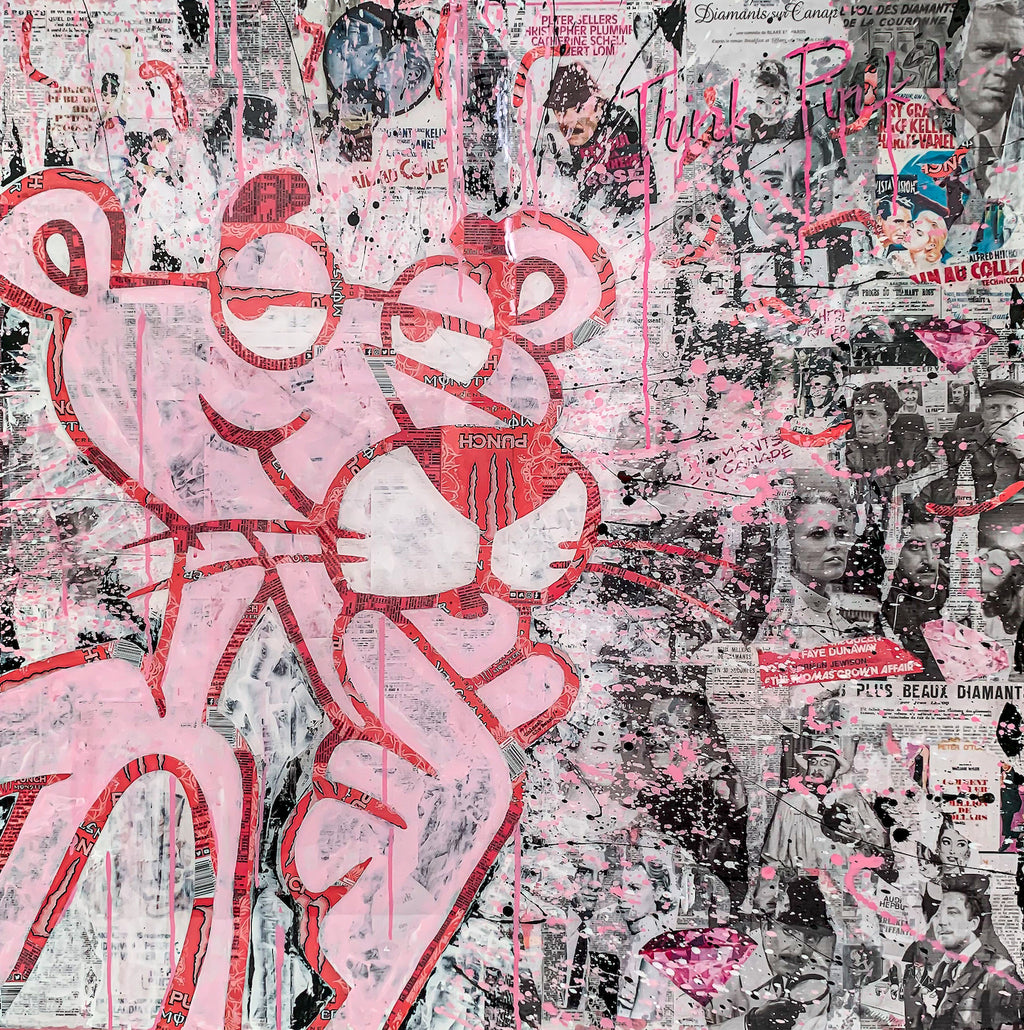 Think Pink, tableau pop art de MaxL en canettes recyclées et résine, vue de face