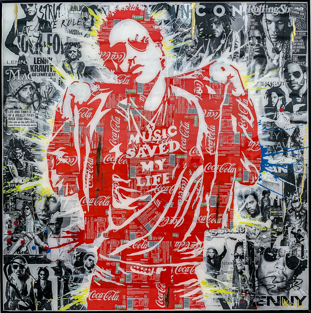 Music Saved my Life, tableau pop art de MaxL en canettes recyclées et résine, vue de face