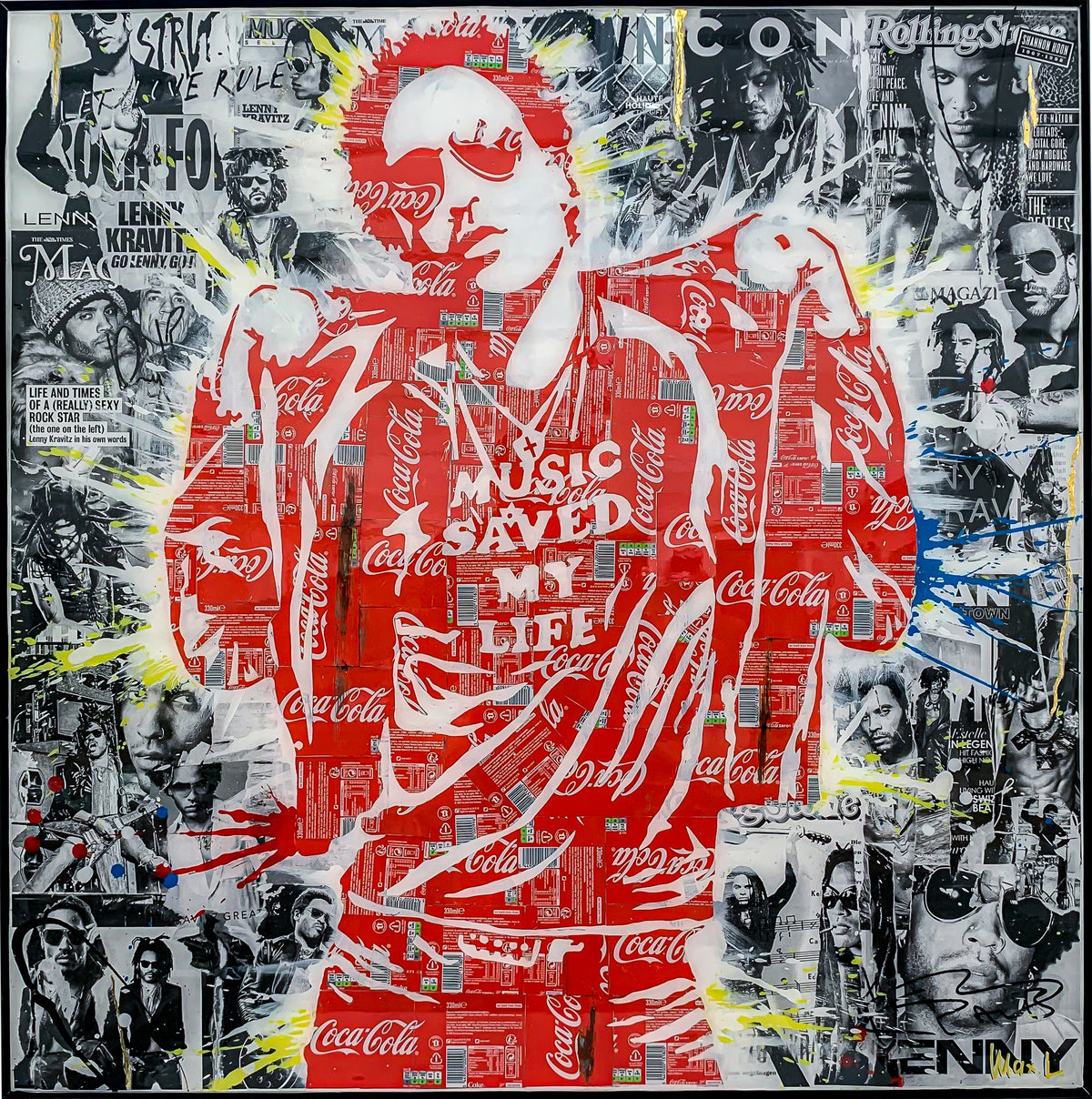 Music Saved my Life, tableau pop art de MaxL en canettes recyclées et résine, vue de face