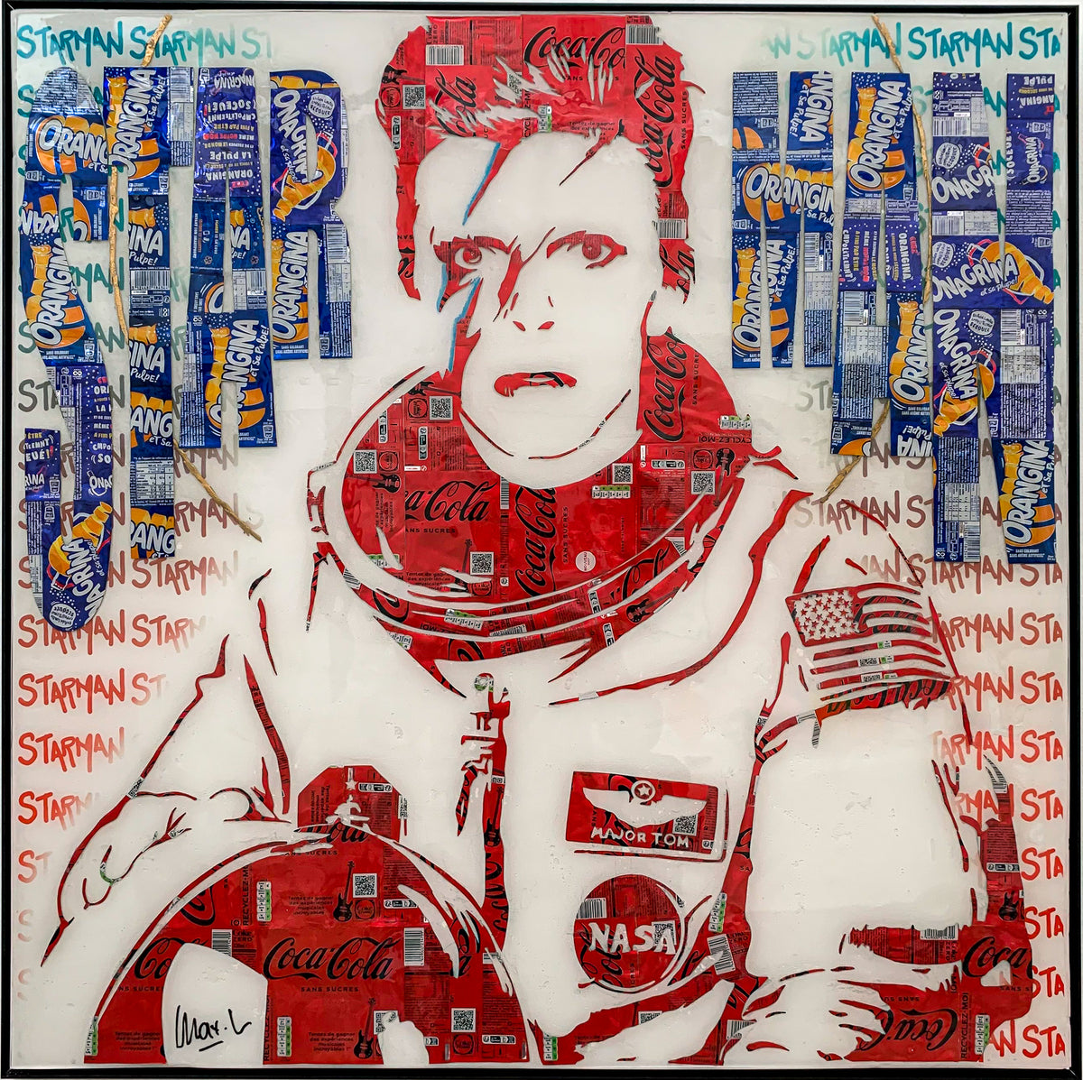 Starman, tableau pop art de MaxL en canettes recyclées et résine, vue de face