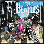 Abbey Toons #1, tableau pop art de MaxL : les Beatles sur Abbey Road entourés de personnages de dessins animés