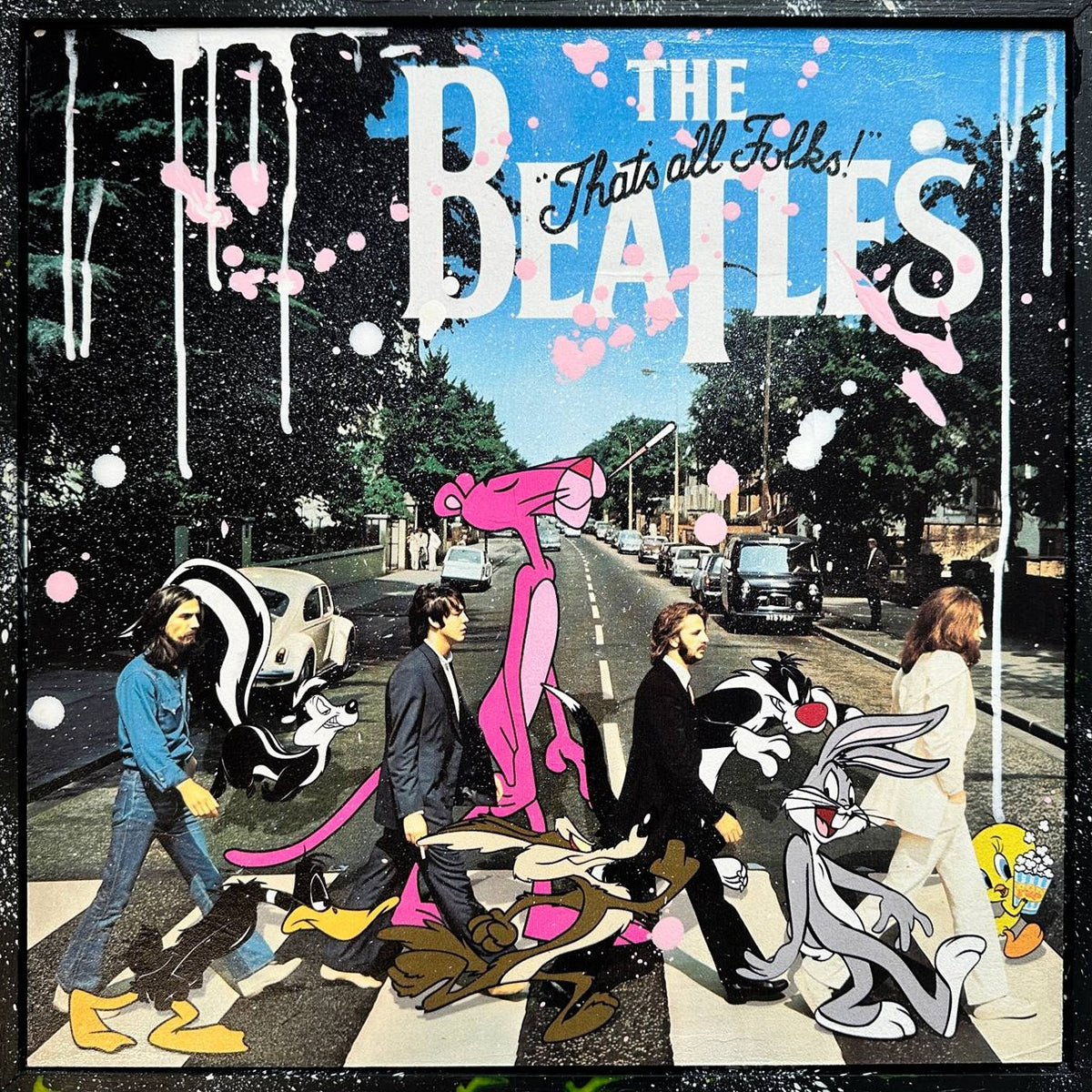 Abbey Toons #1, tableau pop art de MaxL : les Beatles sur Abbey Road entourés de personnages de dessins animés