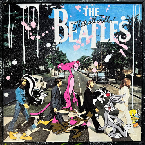 Abbey Toons #1, tableau pop art de MaxL : les Beatles sur Abbey Road entourés de personnages de dessins animés