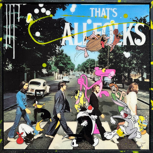 Abbey Toons #2, tableau pop art de MaxL sous résine : les Beatles sur Abbey Road et des personnages de dessins animés