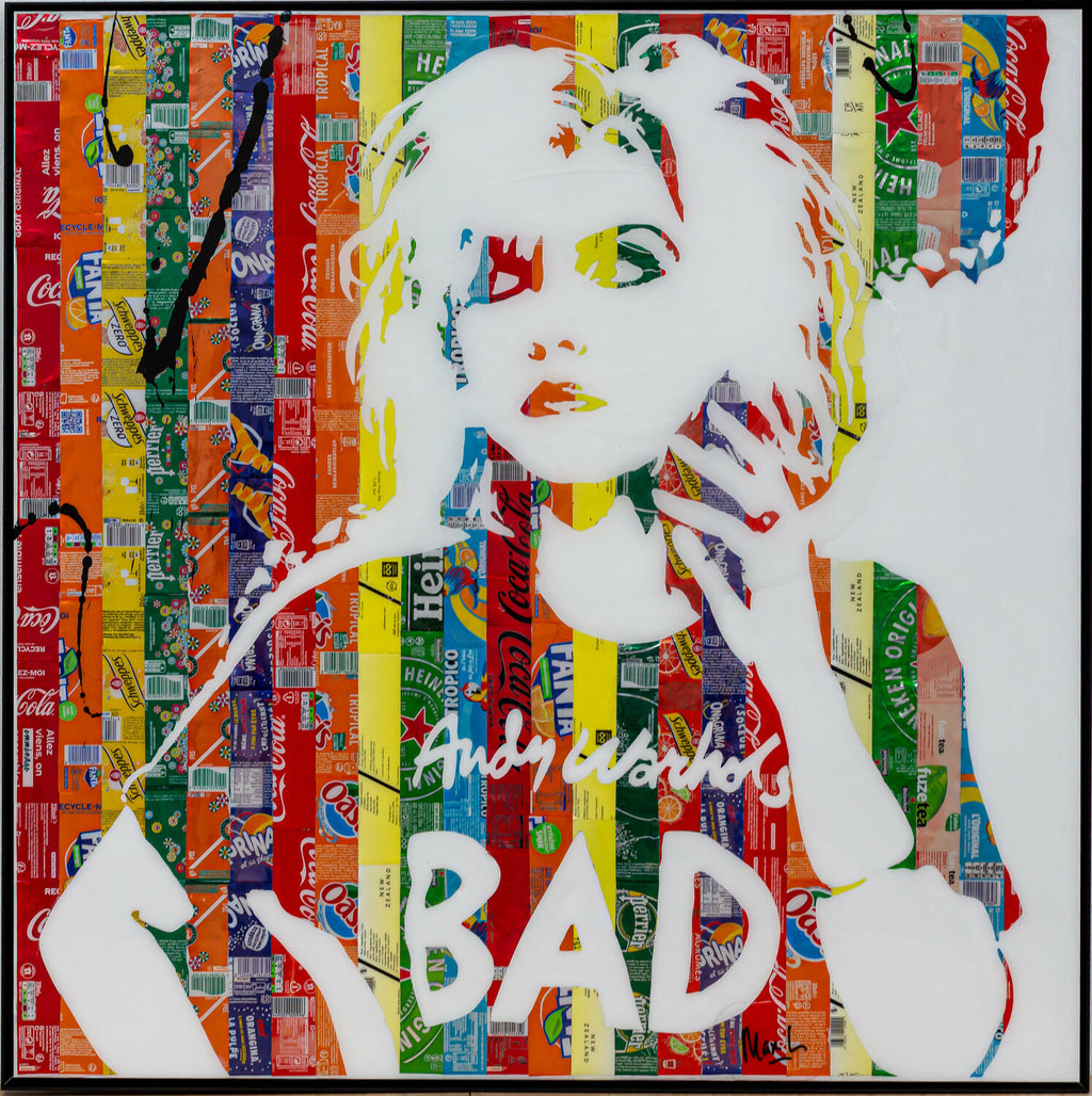 Andy Warhol's Bad, tableau pop art de MaxL en canettes recyclées et résine, vue de face