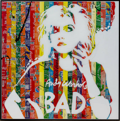 Andy Warhol's Bad, tableau pop art de MaxL en canettes recyclées et résine, vue de face