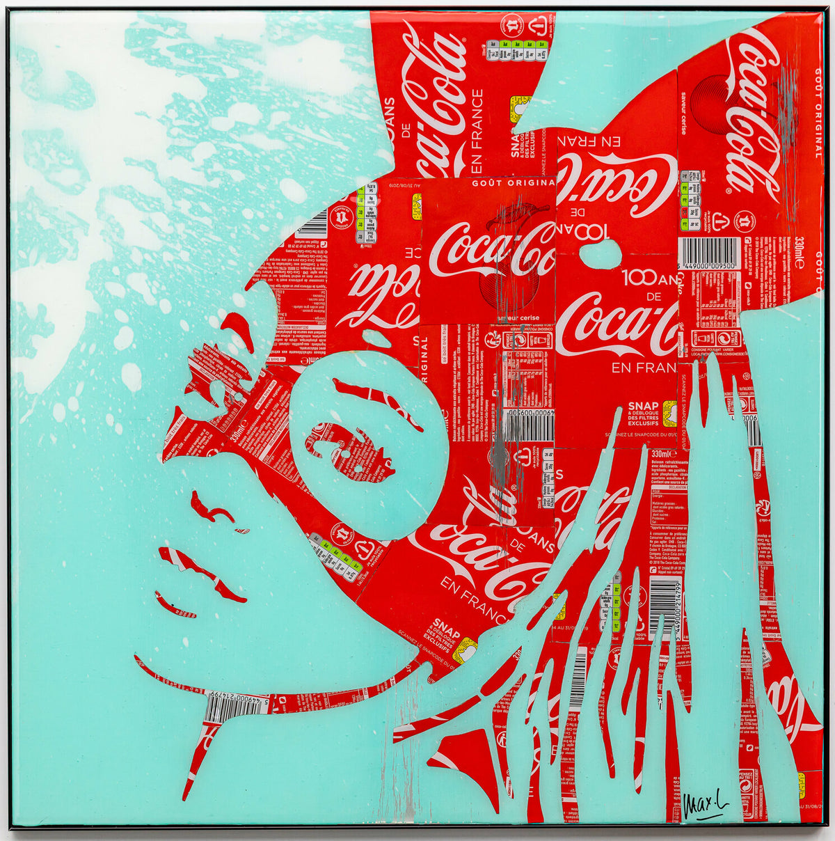 Ariana Green & Red, tableau pop art de MaxL en canettes recyclées, vue de face