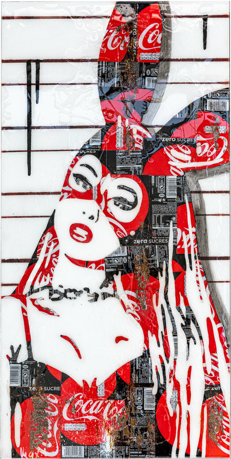 Bunny Coke, tableau pop art de MaxL en canettes recyclées, vue de face