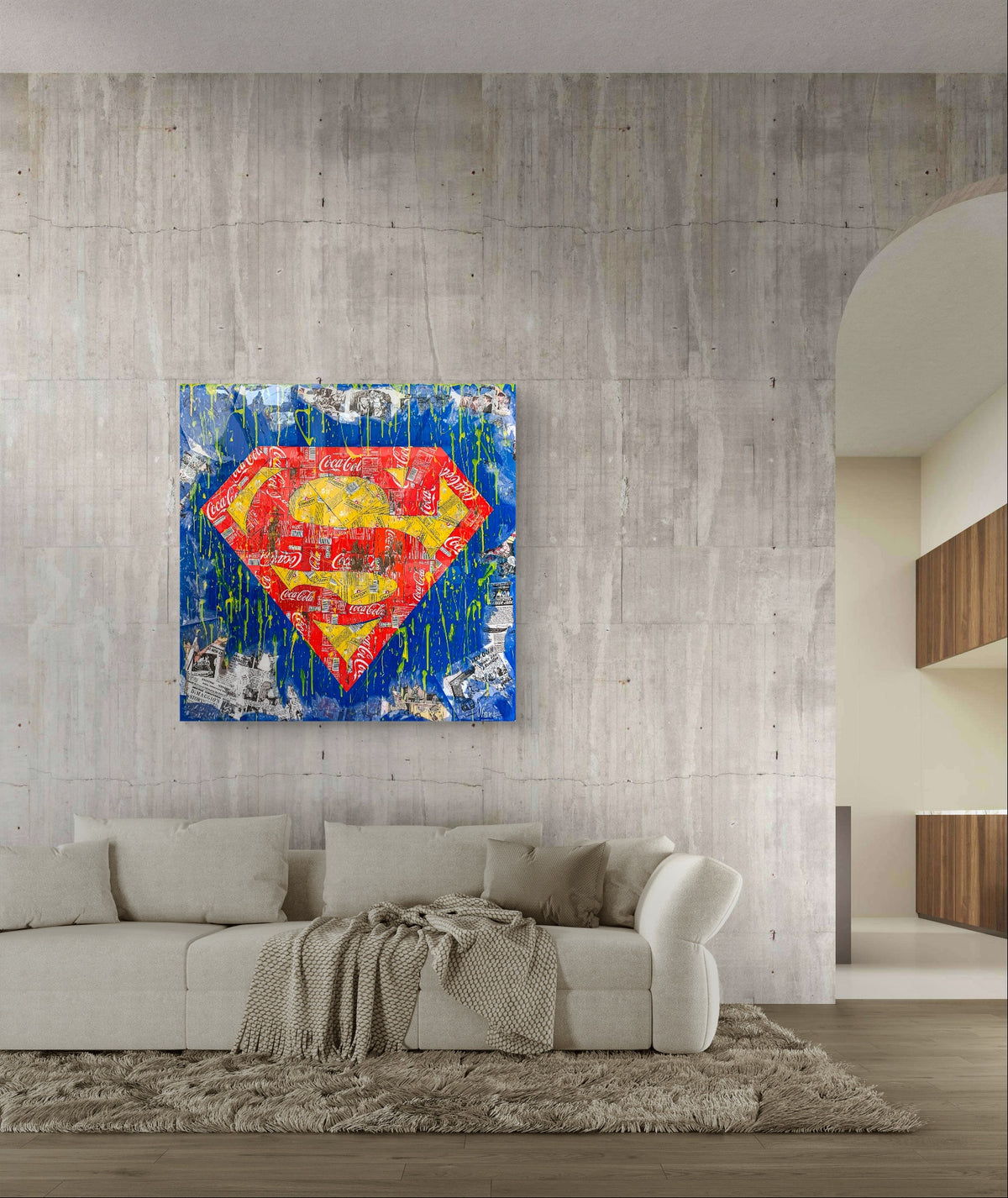 Superman Recycling, tableau de MaxL accroché au mur, mise en situation 3