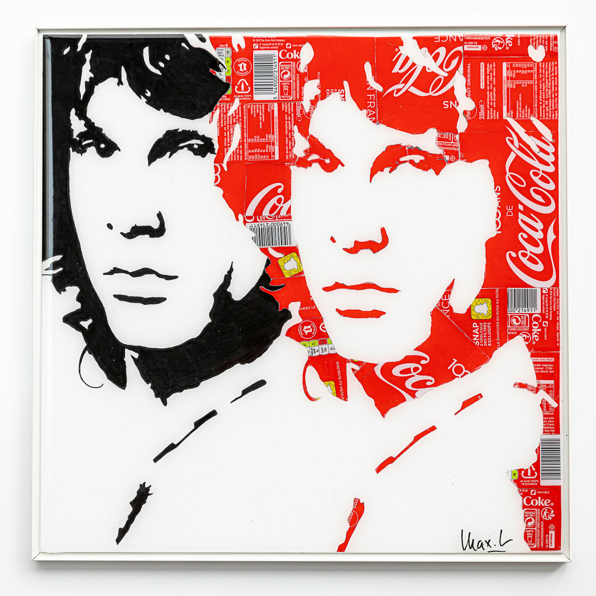 Double Jim, tableau pop art de MaxL en canettes recyclées et résine, vue de face