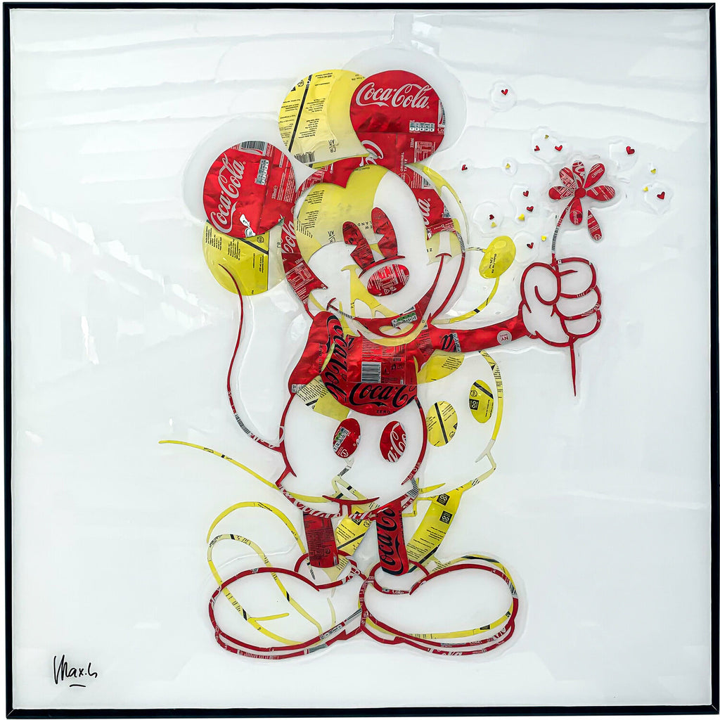 Mickey Double, tableau pop art de MaxL en canettes recyclées et résine, vue de face