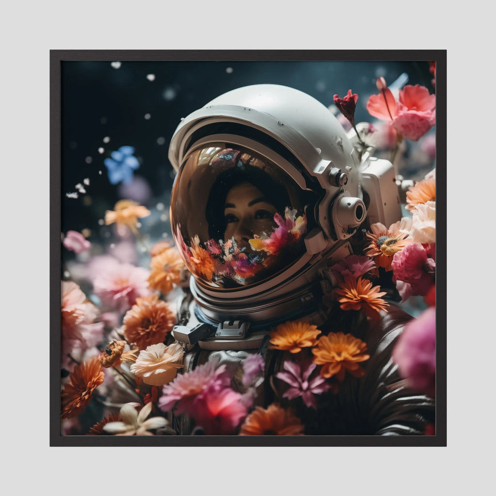 Affiche Flowers in space de MaxL encadrée, cadre en bois noir