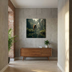 Affiche Flying astronaut in jungle de MaxL au-dessus d'un buffet en bois