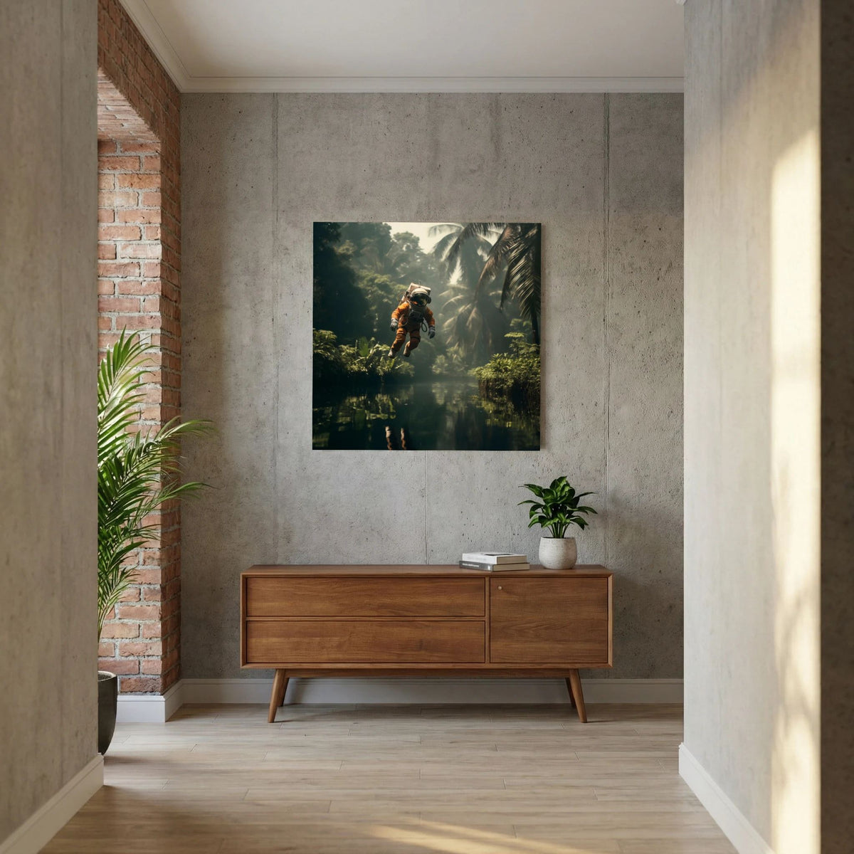 Affiche Flying astronaut in jungle de MaxL au-dessus d'un buffet en bois