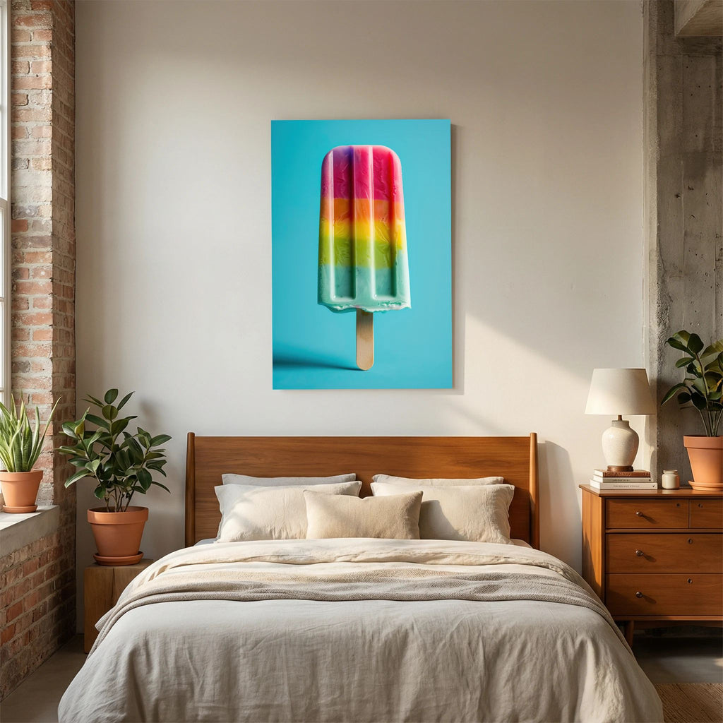 Affiche Frozen Rainbow de MaxL au-dessus d'un lit, dans une chambre