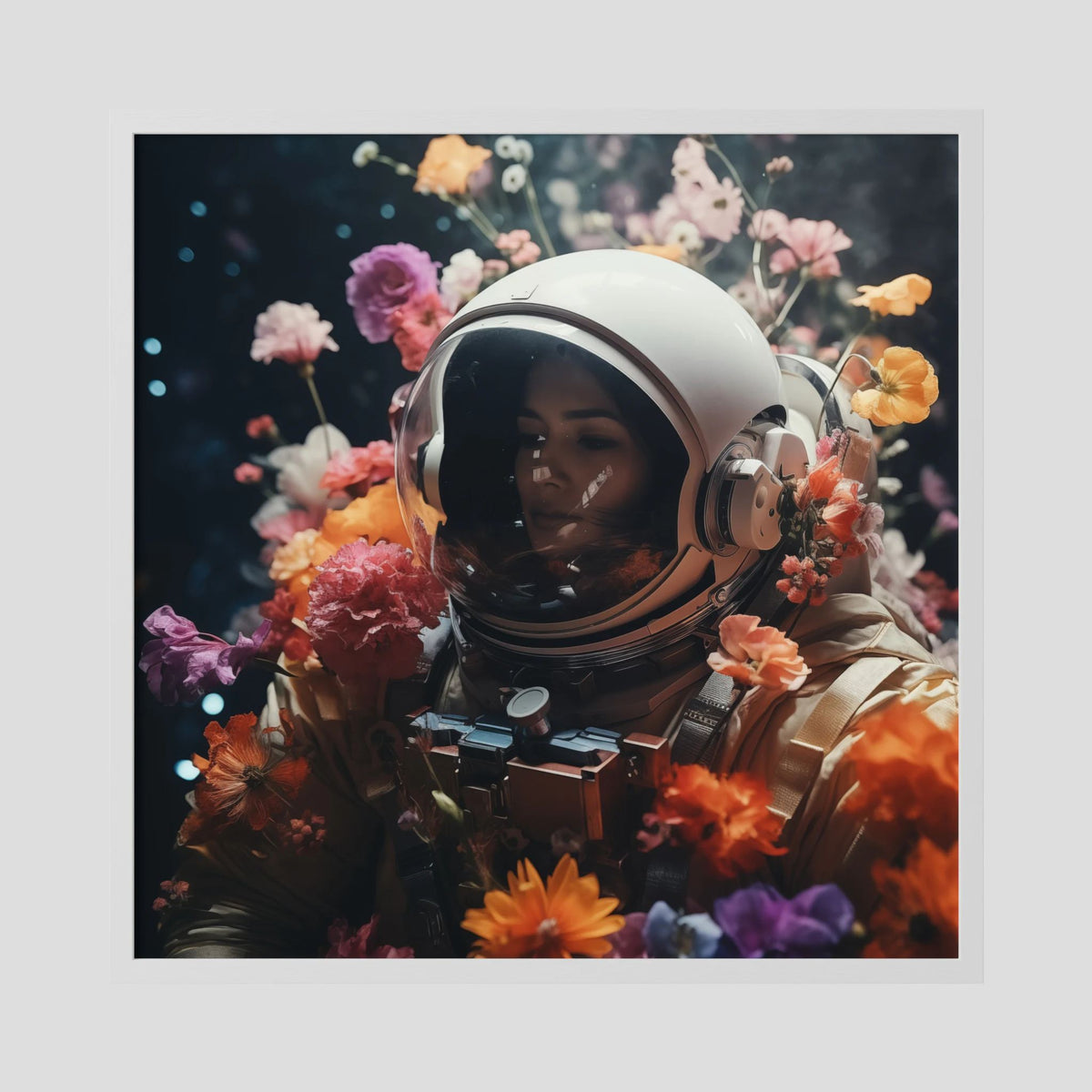 Affiche Flowers in space #3 de MaxL encadrée, cadre en bois blanc