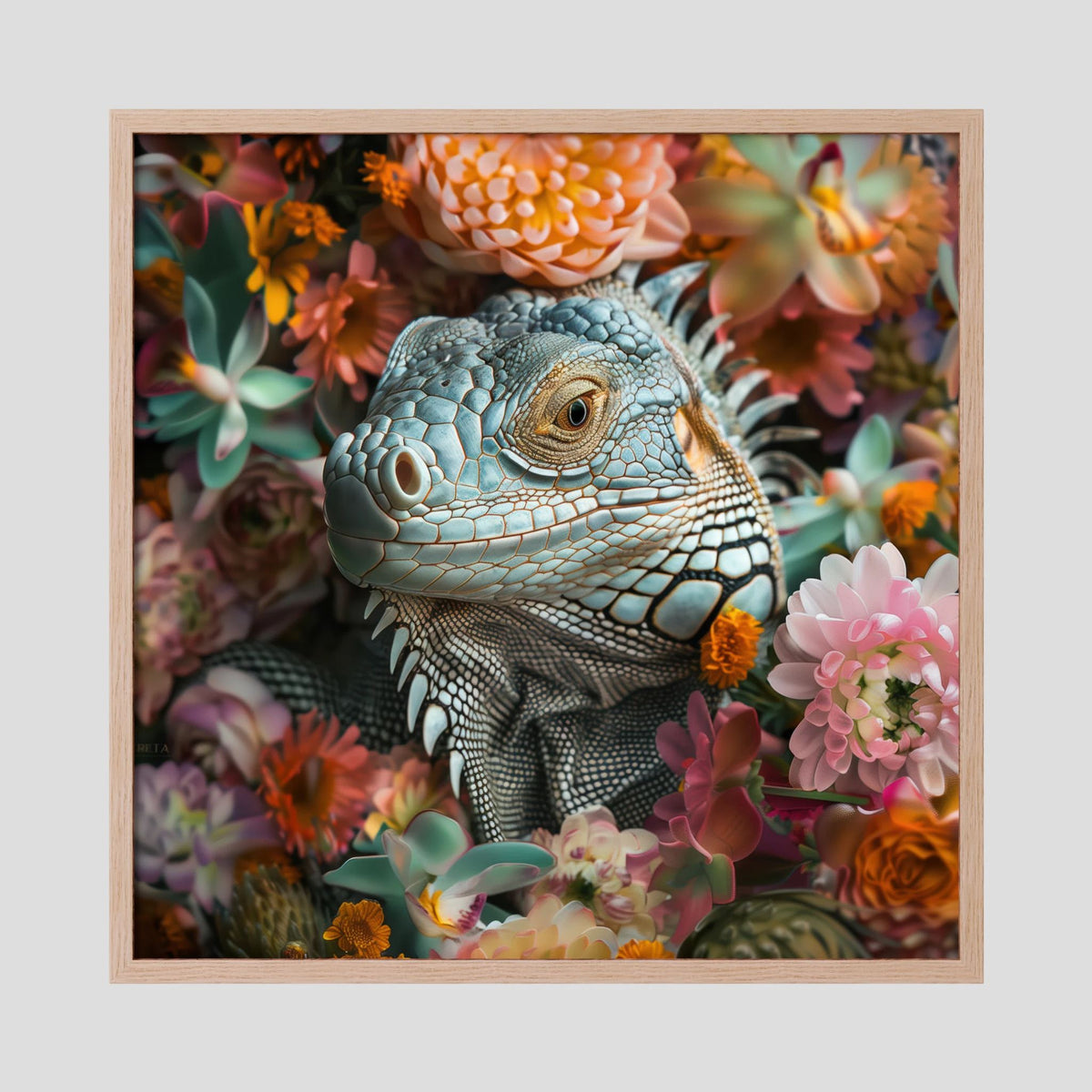 Affiche Iguana Flowers de MaxL encadrée, cadre en chêne clair