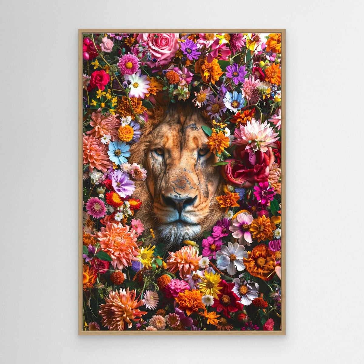 Lion Flowers Portrait, tirage sur toile de MaxL avec cadre chêne
