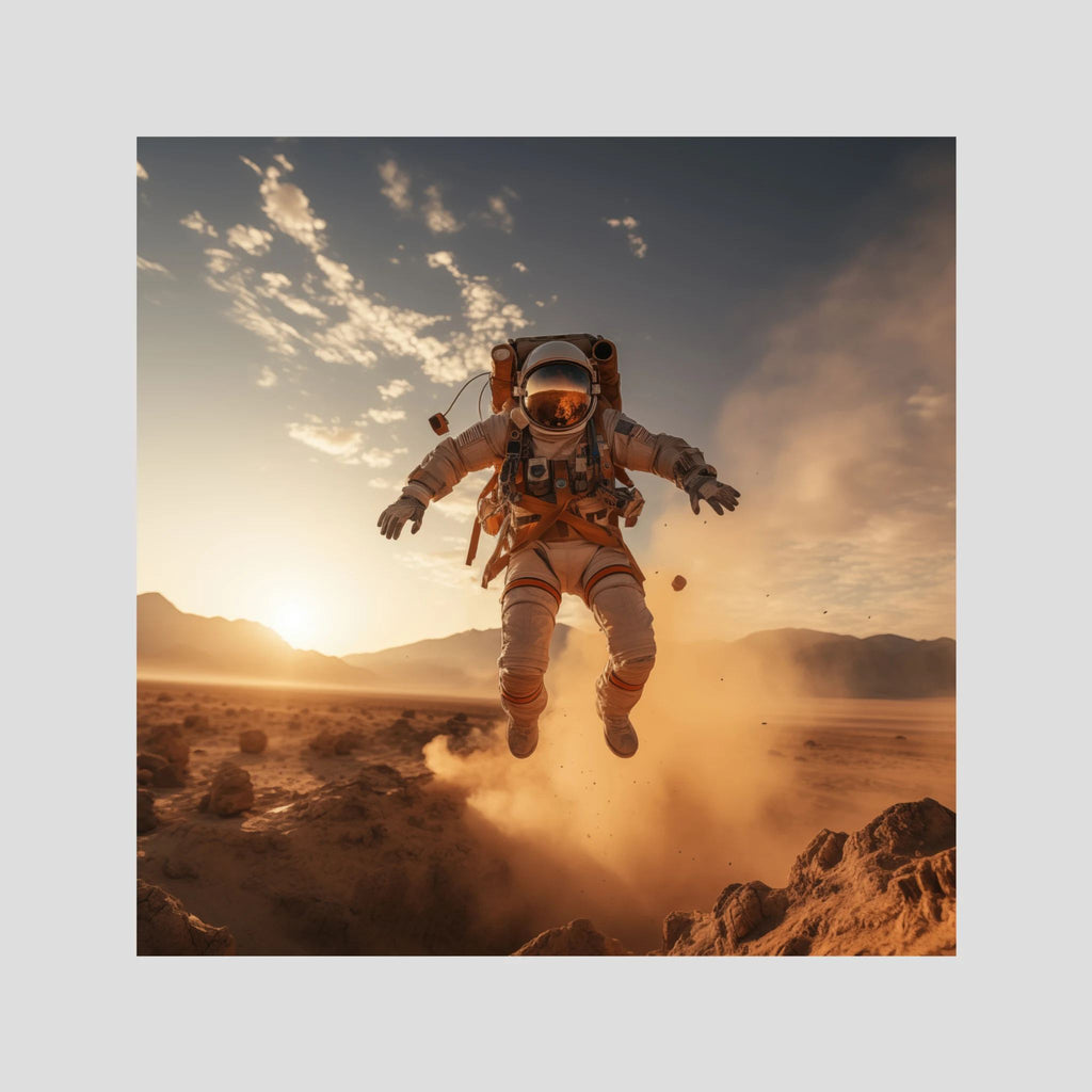 Flying astronaut in desert #2, affiche sur papier fine art de MaxL : un astronaute qui bondit dans un nuage de poussière, dans le désert
