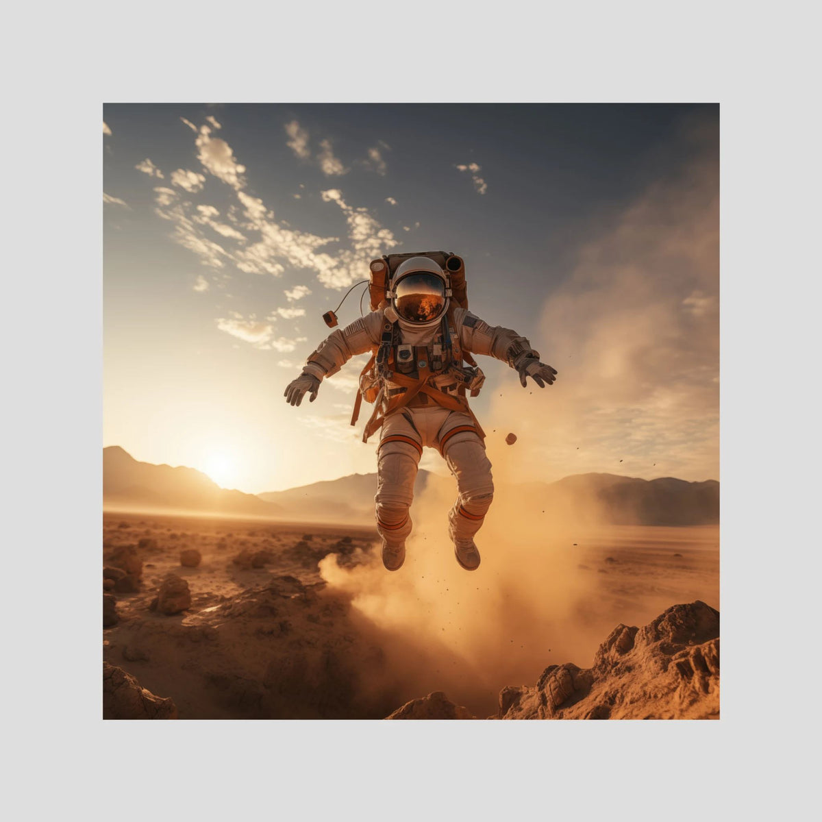Flying astronaut in desert #2, affiche sur papier fine art de MaxL : un astronaute qui bondit dans un nuage de poussière, dans le désert
