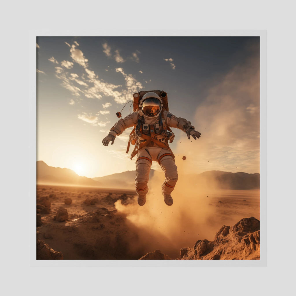 Affiche Flying astronaut in desert #2 de MaxL encadrée, cadre en bois blanc