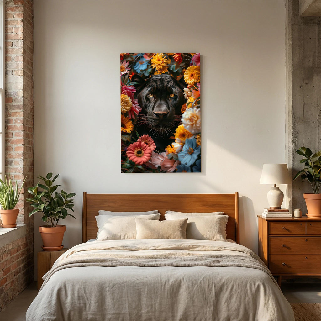 Affiche Black Panther Flowers de MaxL au-dessus d'un lit, dans une chambre
