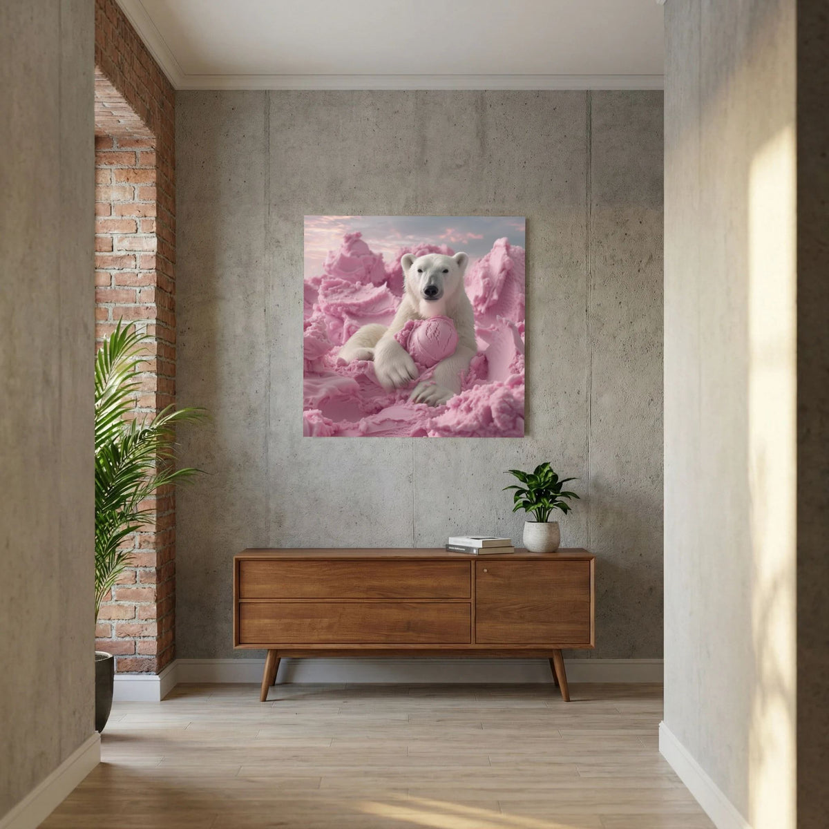Affiche Pink Polar Ice Cream #2 de MaxL au-dessus d'un buffet en bois