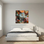 Affiche Iguana Flowers de MaxL au-dessus d'un lit, dans une chambre