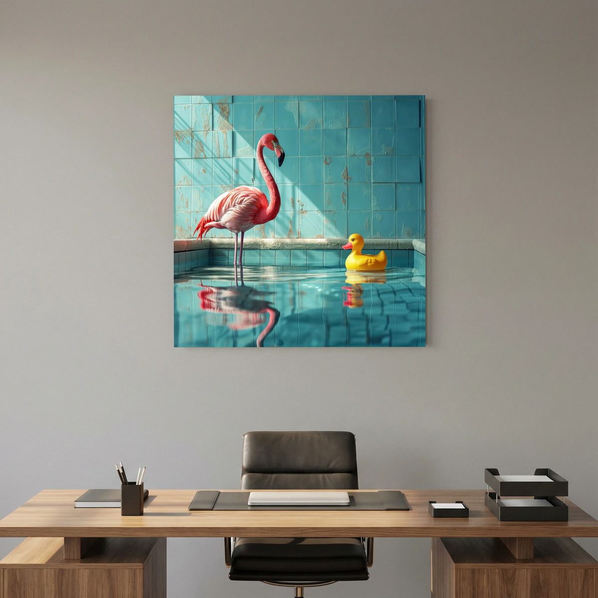 Affiche Canard de bain de MaxL au-dessus d'un bureau en bois