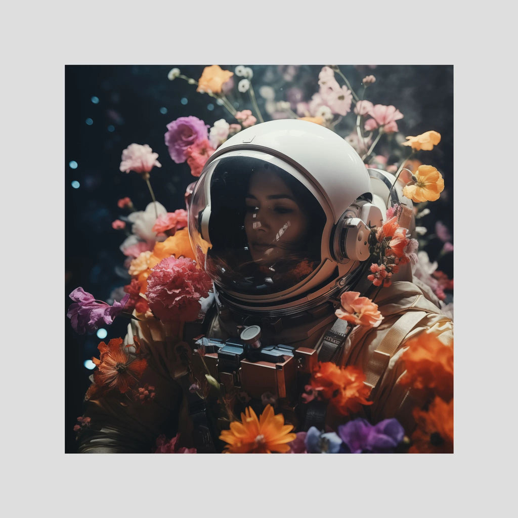 Flowers in space #3, affiche sur papier fine art de MaxL : une astronaute au milieu d'un bouquet de fleurs multicolores