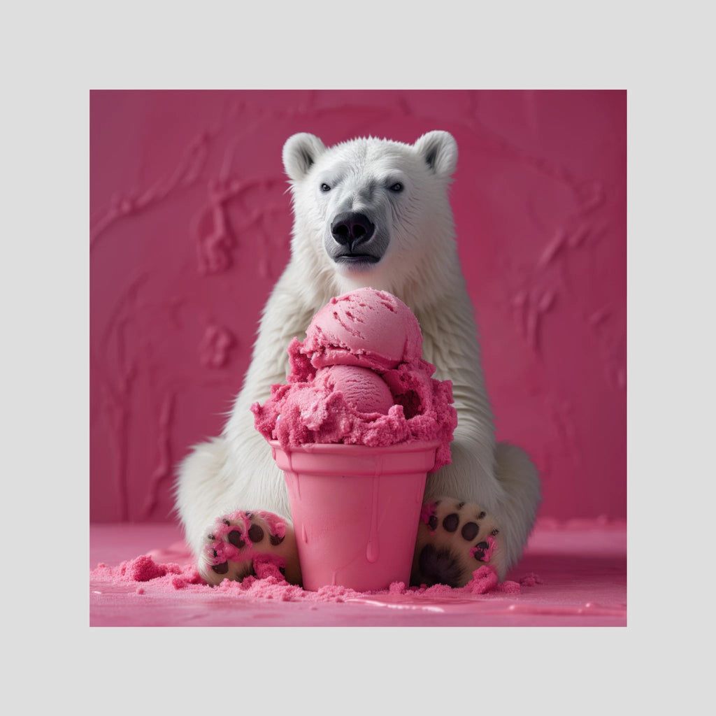 Pink Polar Ice Cream, affiche sur papier fine art de MaxL : un ours polaire derrière une coupe de glace rose, sur fond rose