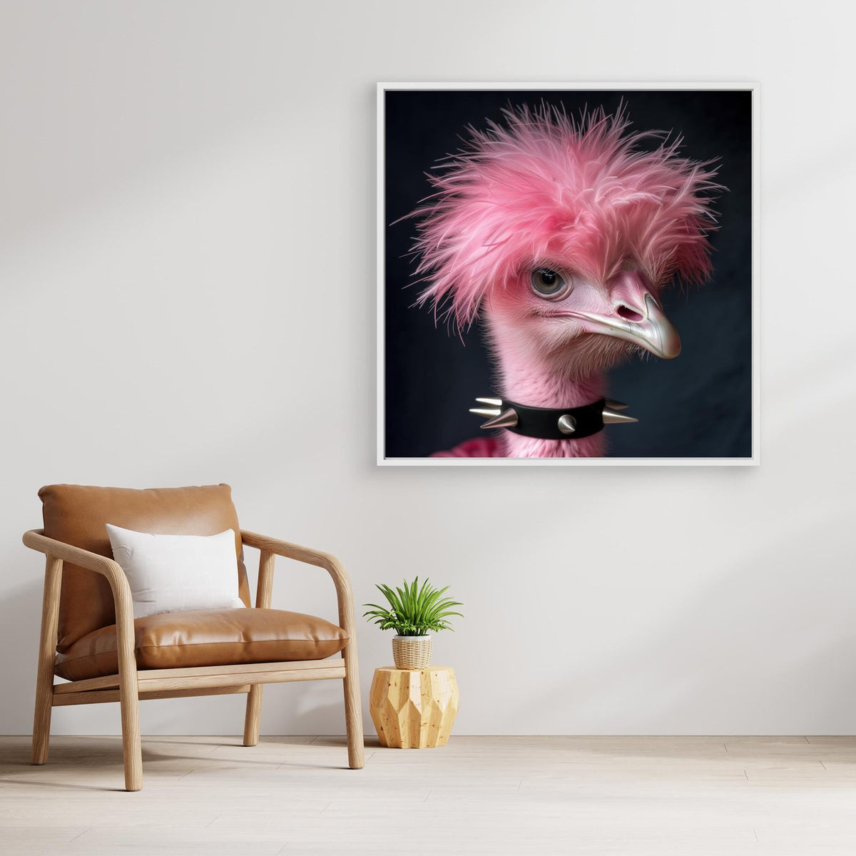 Punk Autruche, tirage sur toile de MaxL au mur, mise en situation 1