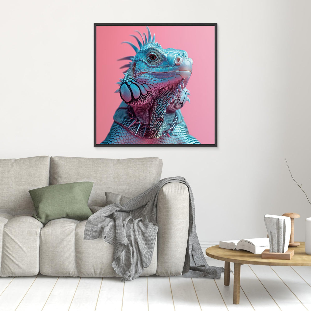 Punk Iguane, tirage sur toile de MaxL au mur, mise en situation 1
