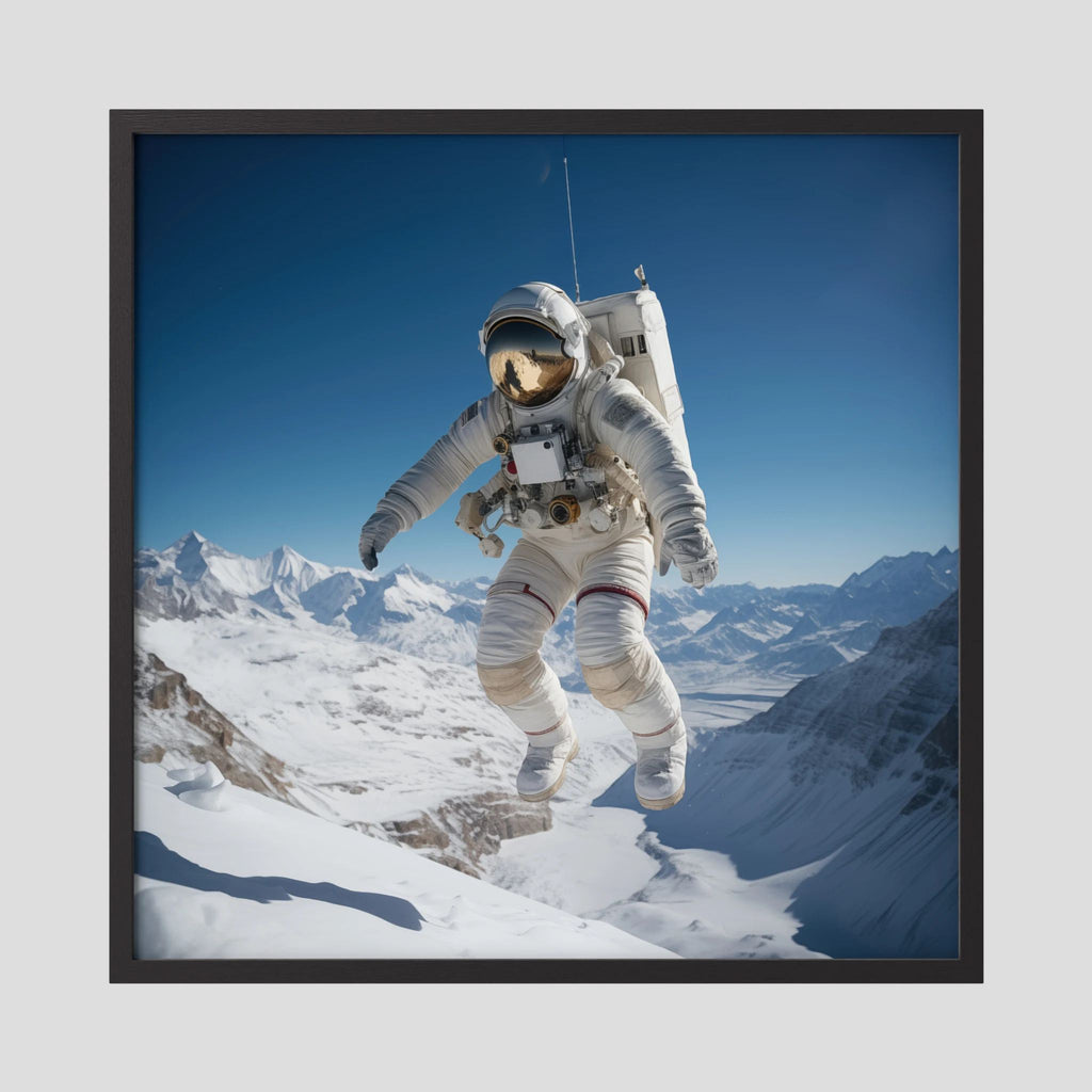 Affiche Flying astronaut in Mountains de MaxL encadrée, cadre en bois noir