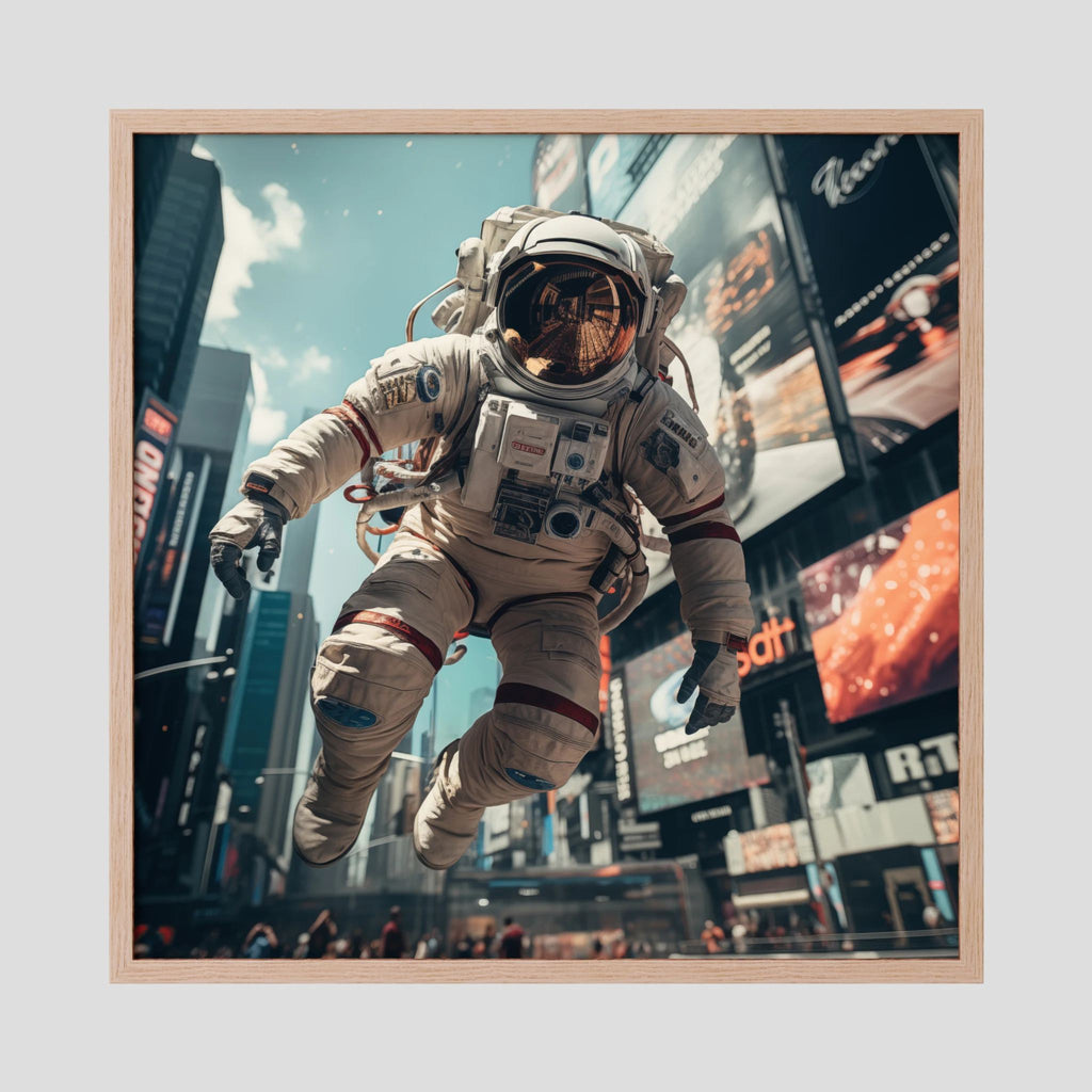 Affiche Flying astronaut in New York de MaxL encadrée, cadre en chêne clair